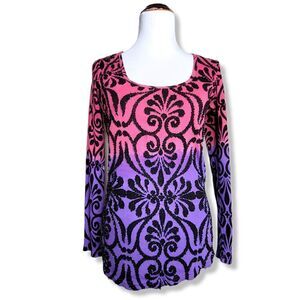 Faith Beaded Scroll Pattern Long Sleeve Knit Top Purple Pink Size Large